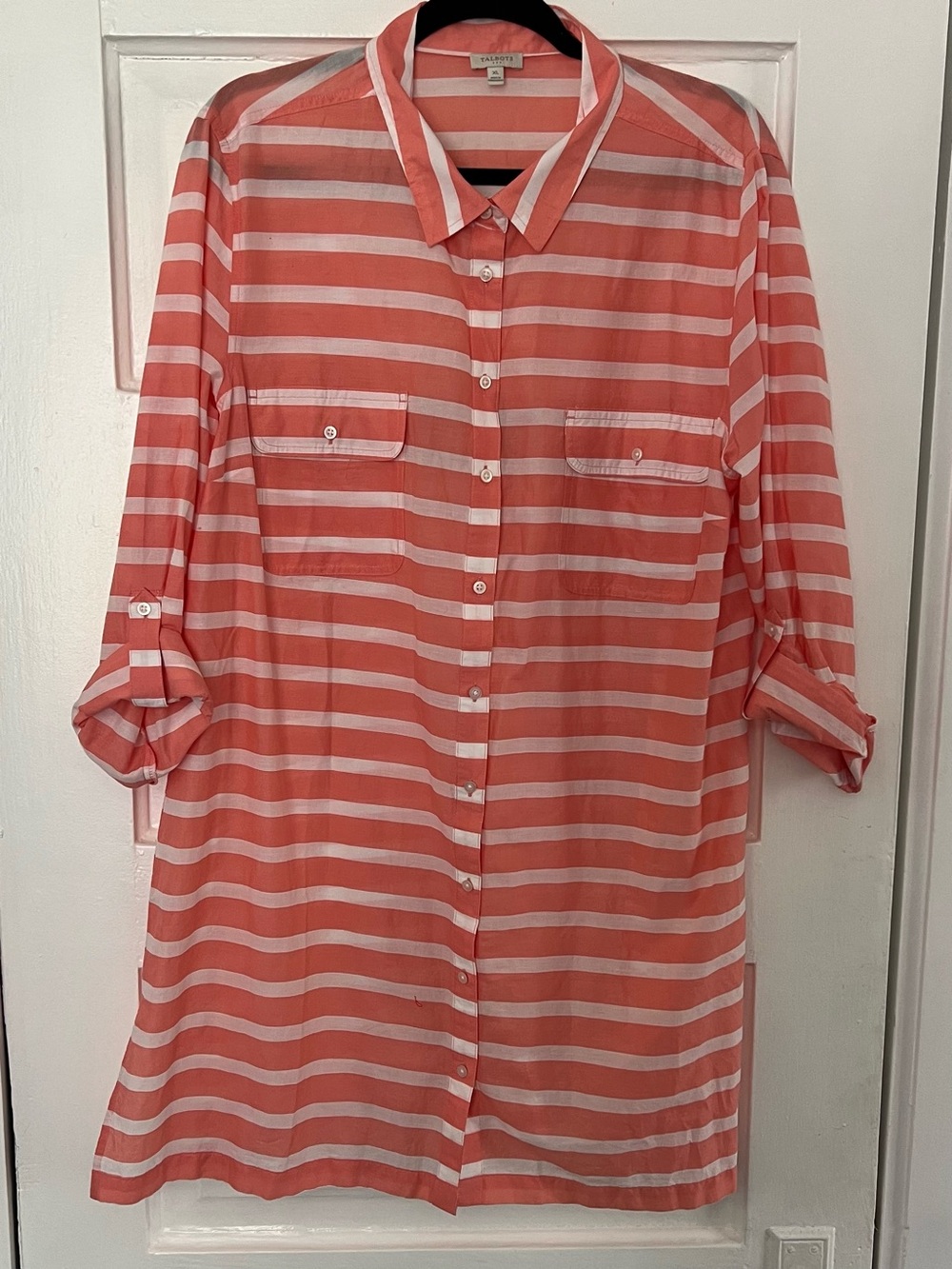 Talbots Striped Coral and White Button-Up Tunic | Dress | Swimsuit Cover Up